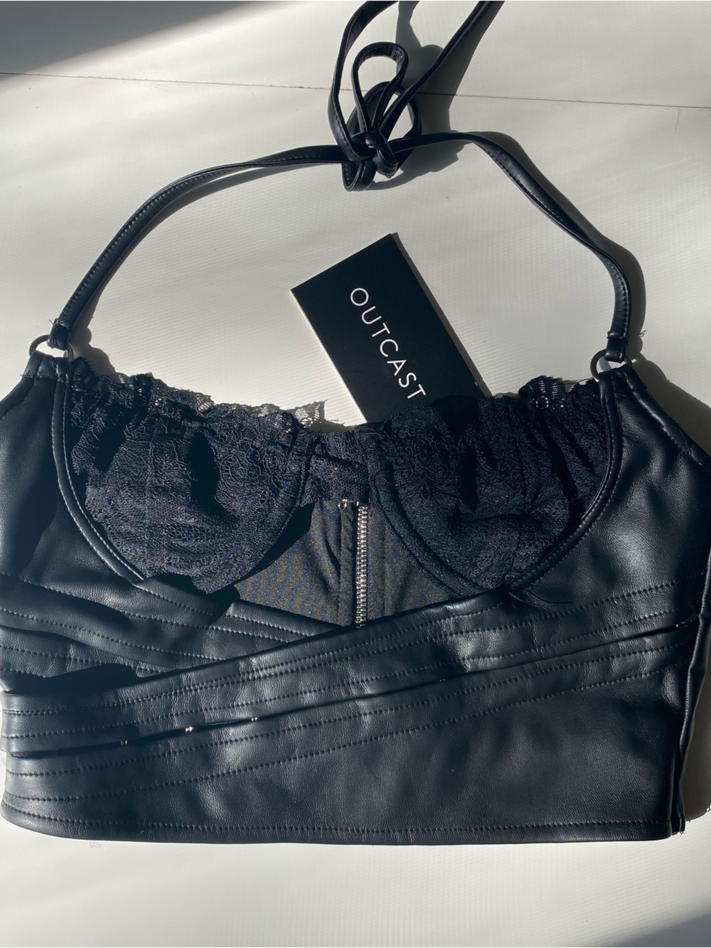 Outcast Black Lace-Trim Faux Leather Crop Top